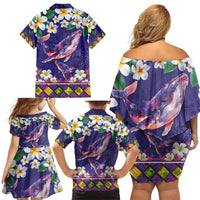 Hawaiian Plumeria and Humpback Whales Family Matching Off Shoulder Short Dress and Hawaiian Shirt Polynerian Art Tattoo-Navy Color LT03 - Polynesian Pride