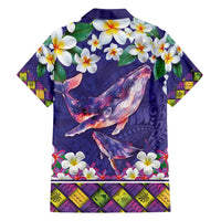 Hawaiian Plumeria and Humpback Whales Family Matching Off Shoulder Short Dress and Hawaiian Shirt Polynerian Art Tattoo-Navy Color LT03 - Polynesian Pride