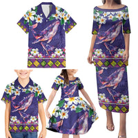 Hawaiian Plumeria and Humpback Whales Family Matching Puletasi and Hawaiian Shirt Polynerian Art Tattoo-Navy Color LT03 - Polynesian Pride