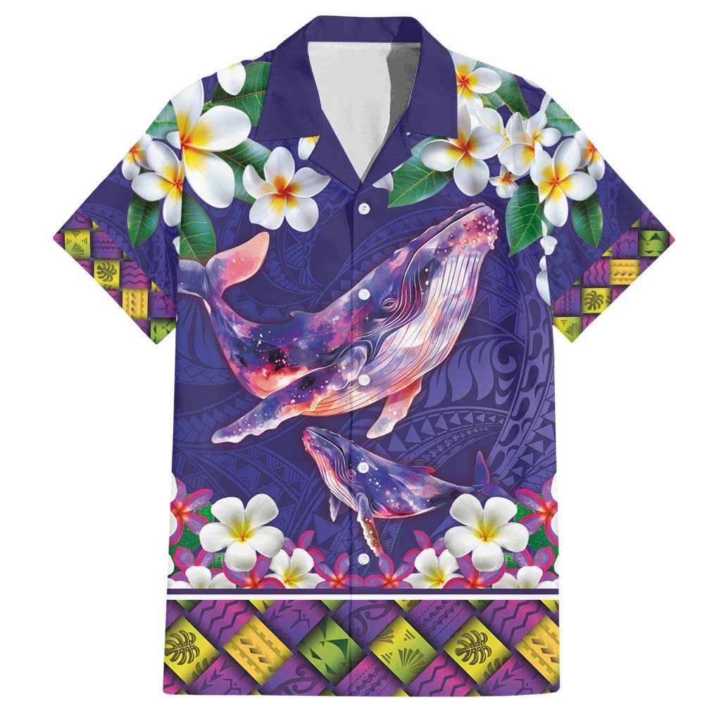 Hawaiian Plumeria and Humpback Whales Family Matching Puletasi and Hawaiian Shirt Polynerian Art Tattoo-Navy Color LT03 Dad's Shirt - Short Sleeve Navy - Polynesian Pride