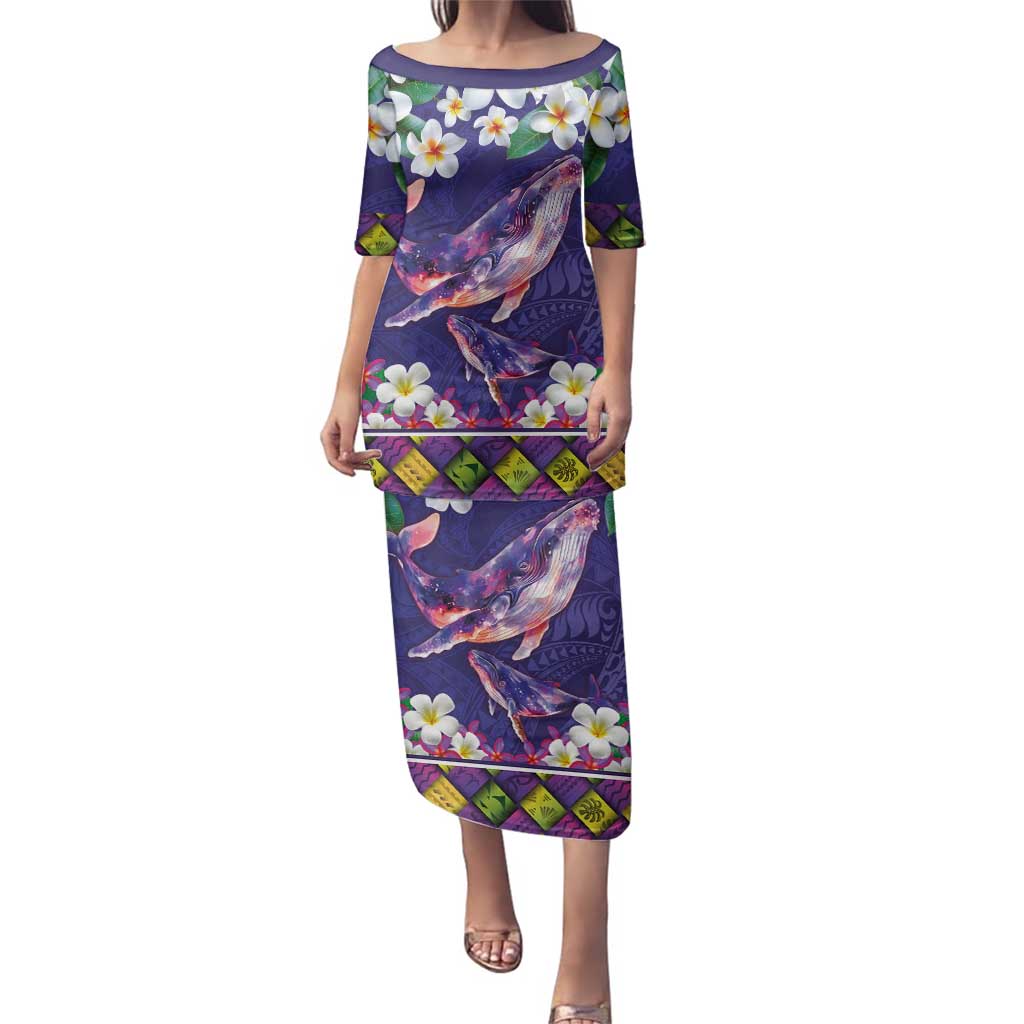 Hawaiian Plumeria and Humpback Whales Family Matching Puletasi and Hawaiian Shirt Polynerian Art Tattoo-Navy Color LT03 Mom's Dress Navy - Polynesian Pride