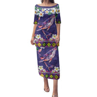 Hawaiian Plumeria and Humpback Whales Family Matching Puletasi and Hawaiian Shirt Polynerian Art Tattoo-Navy Color LT03 Mom's Dress Navy - Polynesian Pride
