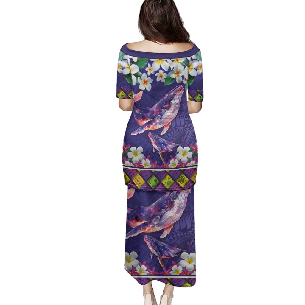 Hawaiian Plumeria and Humpback Whales Family Matching Puletasi and Hawaiian Shirt Polynerian Art Tattoo-Navy Color LT03 - Polynesian Pride