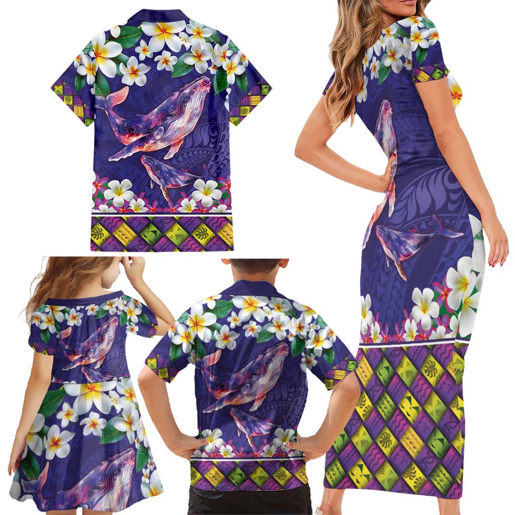 Hawaiian Plumeria and Humpback Whales Family Matching Short Sleeve Bodycon Dress and Hawaiian Shirt Polynerian Art Tattoo-Navy Color LT03 - Polynesian Pride