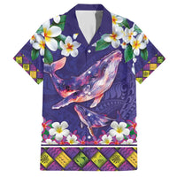 Hawaiian Plumeria and Humpback Whales Family Matching Short Sleeve Bodycon Dress and Hawaiian Shirt Polynerian Art Tattoo-Navy Color LT03 Dad's Shirt - Short Sleeve Navy - Polynesian Pride