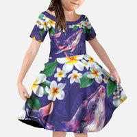 Hawaiian Plumeria and Humpback Whales Family Matching Summer Maxi Dress and Hawaiian Shirt Polynerian Art Tattoo-Navy Color LT03 Daughter's Dress Navy - Polynesian Pride