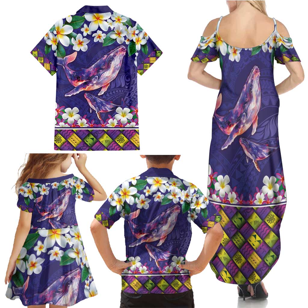 Hawaiian Plumeria and Humpback Whales Family Matching Summer Maxi Dress and Hawaiian Shirt Polynerian Art Tattoo-Navy Color LT03 - Polynesian Pride