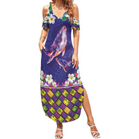 Hawaiian Plumeria and Humpback Whales Family Matching Summer Maxi Dress and Hawaiian Shirt Polynerian Art Tattoo-Navy Color LT03 Mom's Dress Navy - Polynesian Pride