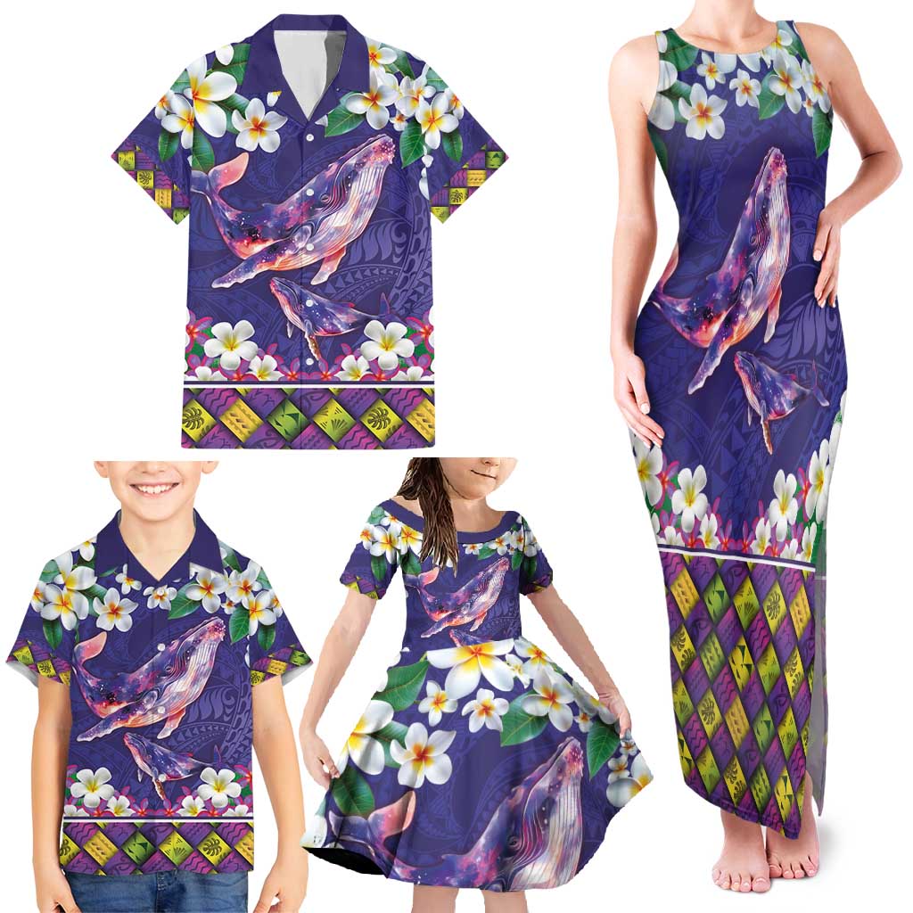 Hawaiian Plumeria and Humpback Whales Family Matching Tank Maxi Dress and Hawaiian Shirt Polynerian Art Tattoo-Navy Color LT03 - Polynesian Pride