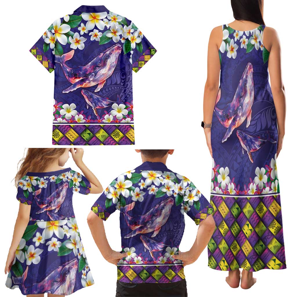 Hawaiian Plumeria and Humpback Whales Family Matching Tank Maxi Dress and Hawaiian Shirt Polynerian Art Tattoo-Navy Color LT03 - Polynesian Pride