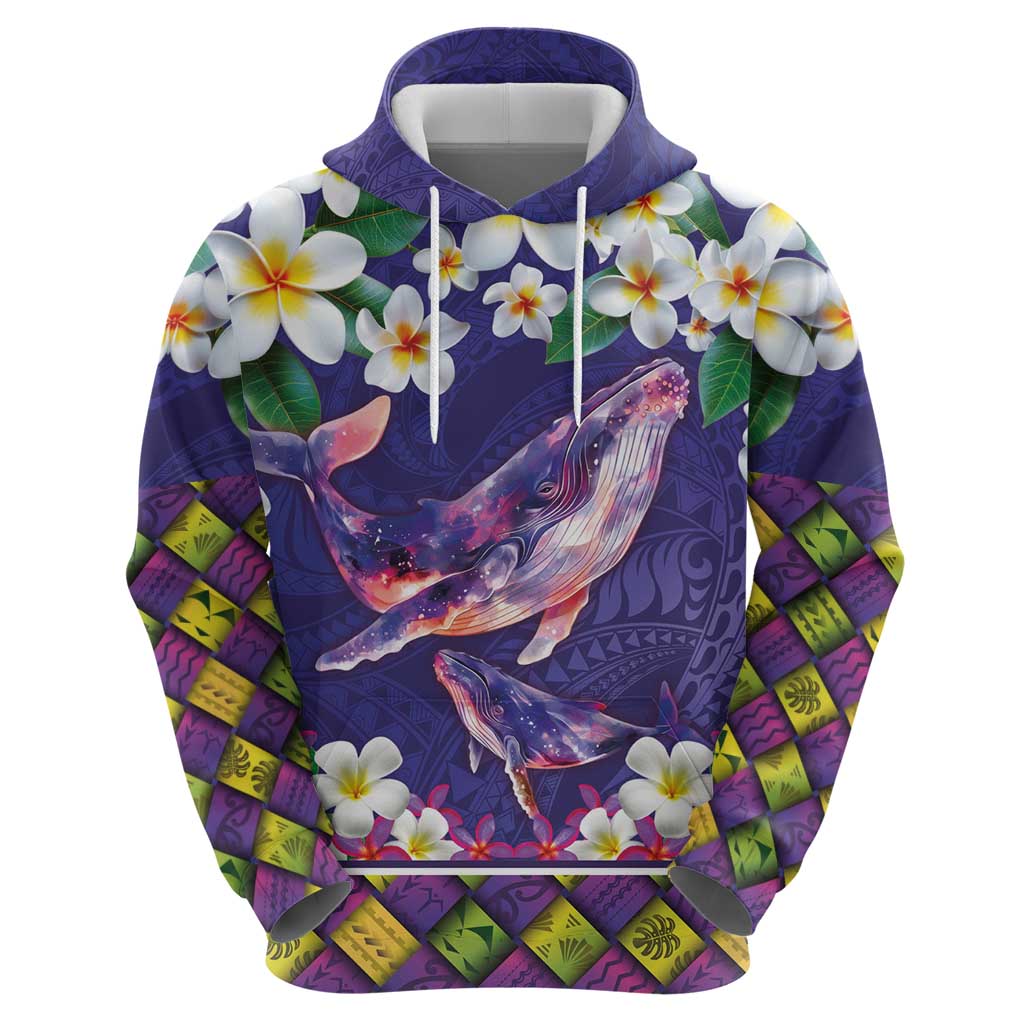 Hawaiian Plumeria and Humpback Whales Hoodie Polynerian Art Tattoo-Navy Color