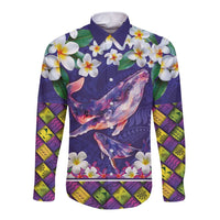 Hawaiian Plumeria and Humpback Whales Long Sleeve Button Shirt Polynerian Art Tattoo-Navy Color