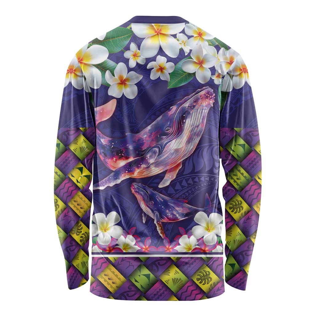 Hawaiian Plumeria and Humpback Whales Long Sleeve Shirt Polynerian Art Tattoo-Navy Color