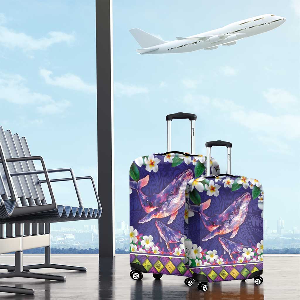 Hawaiian Plumeria and Humpback Whales Luggage Cover Polynerian Art Tattoo-Navy Color