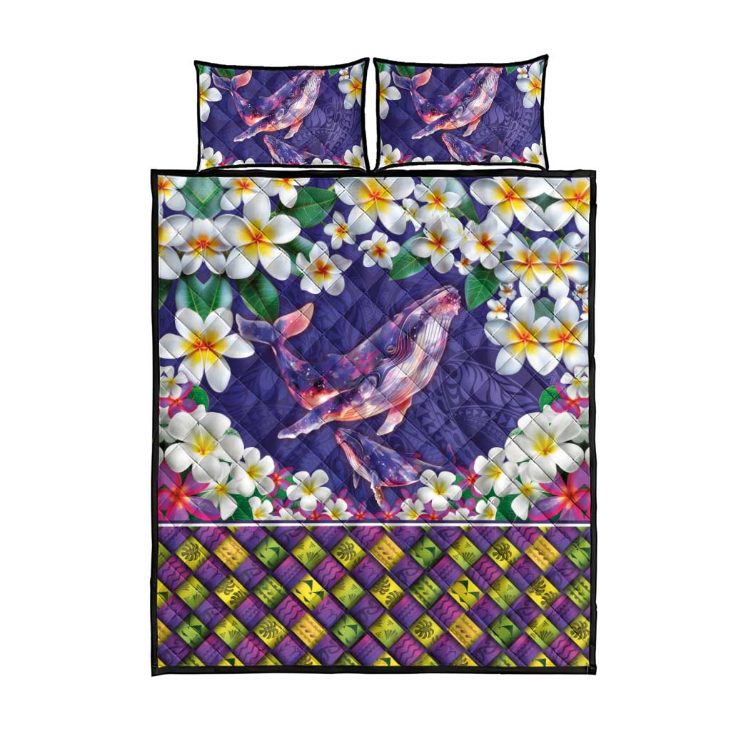 Hawaiian Plumeria and Humpback Whales Quilt Bed Set Polynerian Art Tattoo-Navy Color
