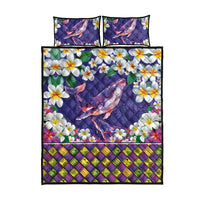 Hawaiian Plumeria and Humpback Whales Quilt Bed Set Polynerian Art Tattoo-Navy Color