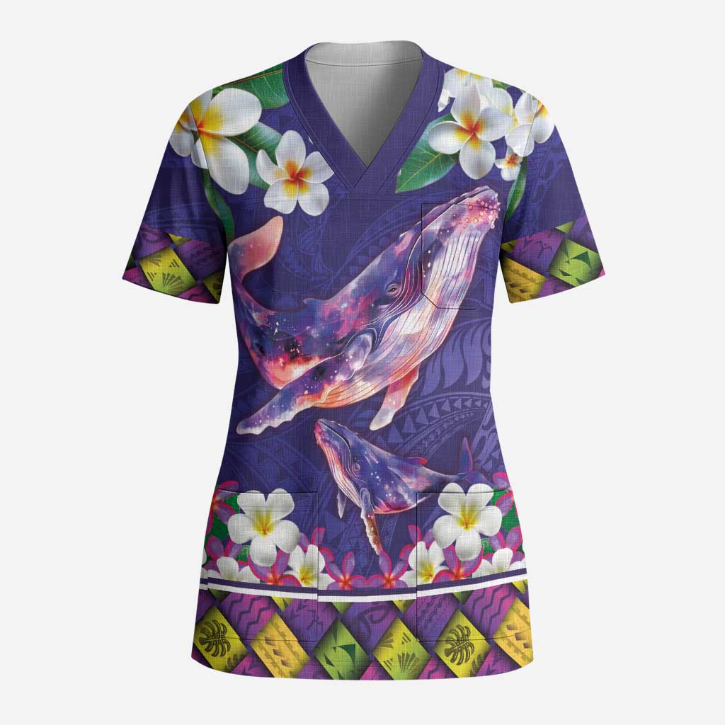 Hawaiian Plumeria and Humpback Whales Scrub Top Polynerian Art Tattoo-Navy Color - Polynesian Pride