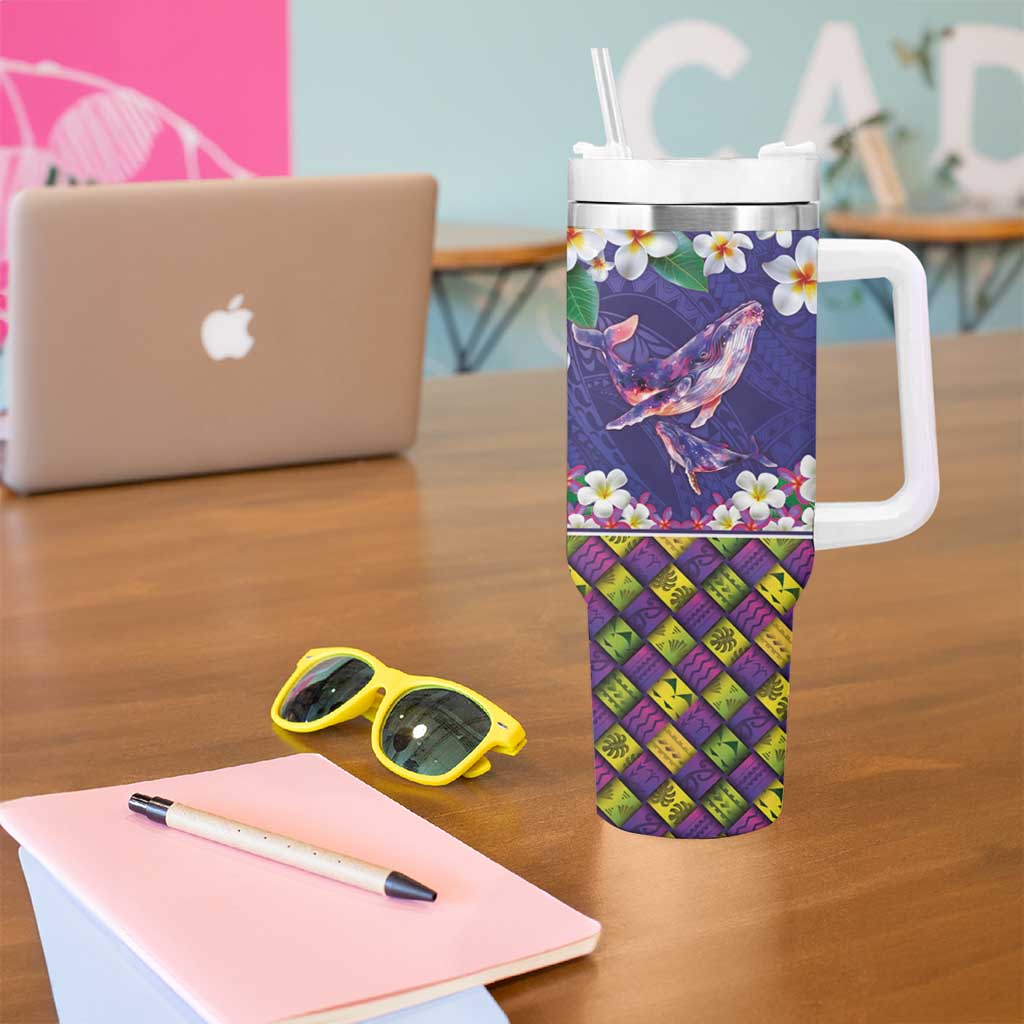 Hawaiian Plumeria and Humpback Whales Tumbler With Handle Polynerian Art Tattoo-Navy Color