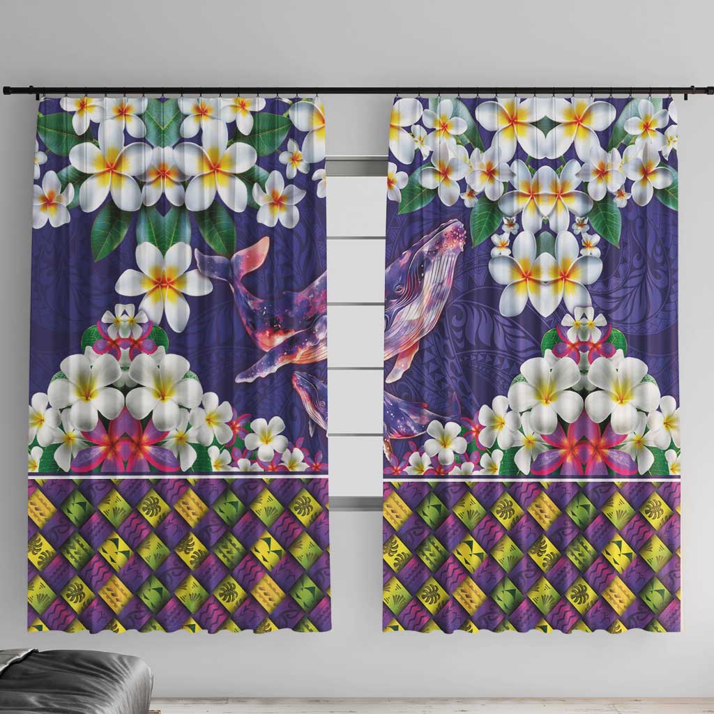 Hawaiian Plumeria and Humpback Whales Window Curtain Polynerian Art Tattoo-Navy Color