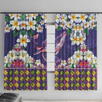Hawaiian Plumeria and Humpback Whales Window Curtain Polynerian Art Tattoo-Navy Color