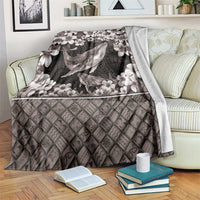 Hawaiian Plumeria and Humpback Whales Blanket Polynerian Art Tattoo-Grayscale Mode