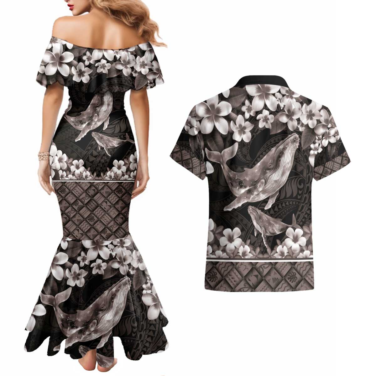 Hawaiian Plumeria and Humpback Whales Couples Matching Mermaid Dress and Hawaiian Shirt Polynerian Art Tattoo-Grayscale Mode LT03 - Polynesian Pride