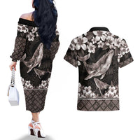 Hawaiian Plumeria and Humpback Whales Couples Matching Off The Shoulder Long Sleeve Dress and Hawaiian Shirt Polynerian Art Tattoo-Grayscale Mode LT03 - Polynesian Pride