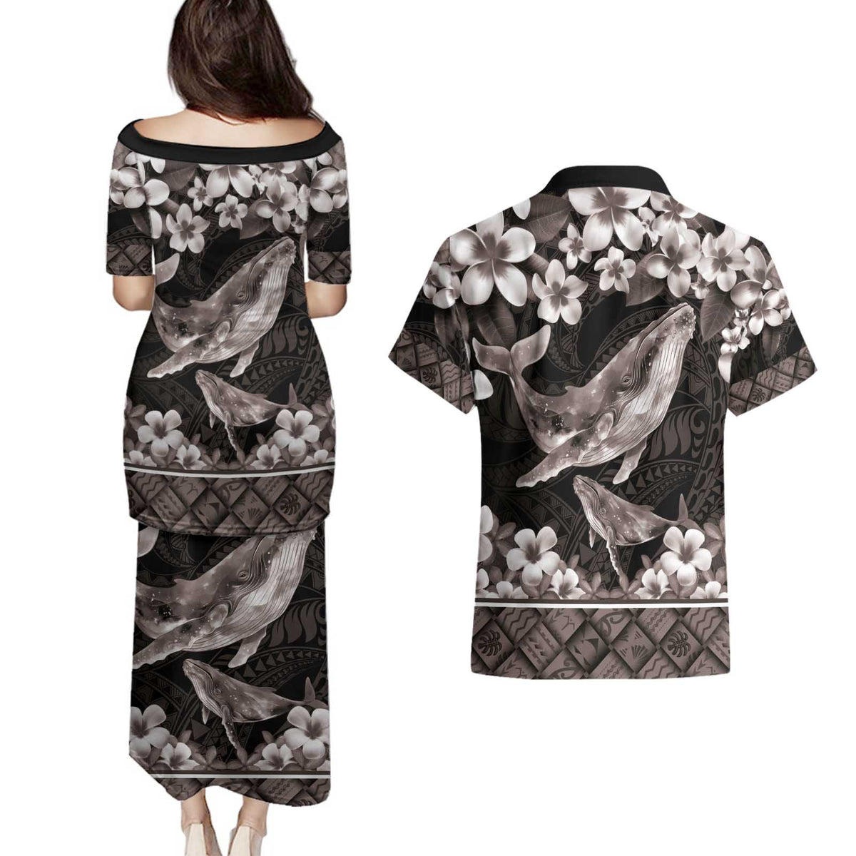 Hawaiian Plumeria and Humpback Whales Couples Matching Puletasi and Hawaiian Shirt Polynerian Art Tattoo-Grayscale Mode