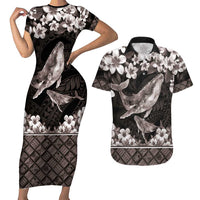 Hawaiian Plumeria and Humpback Whales Couples Matching Short Sleeve Bodycon Dress and Hawaiian Shirt Polynerian Art Tattoo-Grayscale Mode LT03 Black - Polynesian Pride
