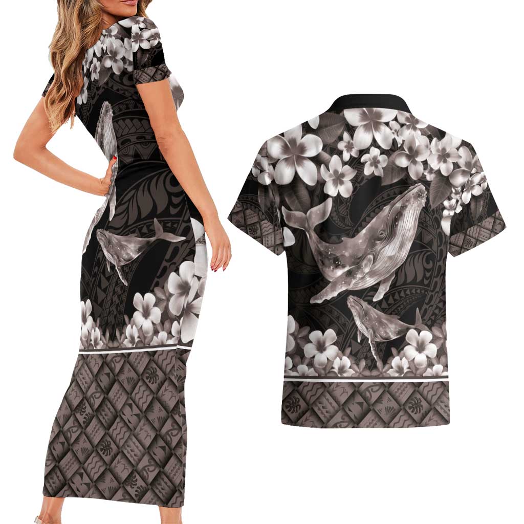 Hawaiian Plumeria and Humpback Whales Couples Matching Short Sleeve Bodycon Dress and Hawaiian Shirt Polynerian Art Tattoo-Grayscale Mode LT03 - Polynesian Pride