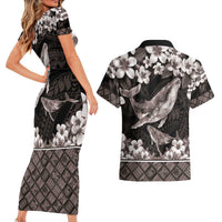 Hawaiian Plumeria and Humpback Whales Couples Matching Short Sleeve Bodycon Dress and Hawaiian Shirt Polynerian Art Tattoo-Grayscale Mode LT03 - Polynesian Pride