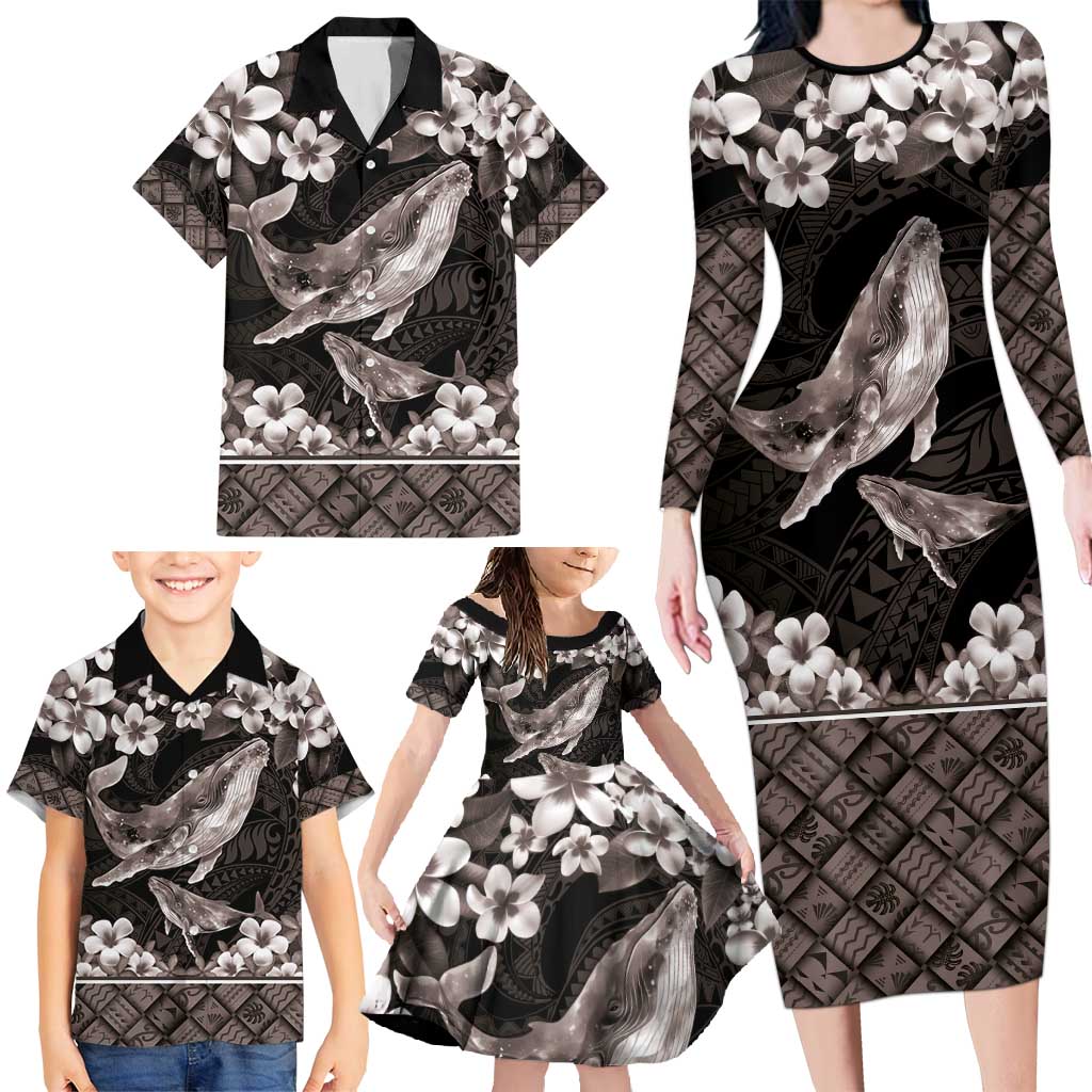 Hawaiian Plumeria and Humpback Whales Family Matching Long Sleeve Bodycon Dress and Hawaiian Shirt Polynerian Art Tattoo-Grayscale Mode LT03 - Polynesian Pride