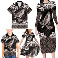 Hawaiian Plumeria and Humpback Whales Family Matching Long Sleeve Bodycon Dress and Hawaiian Shirt Polynerian Art Tattoo-Grayscale Mode LT03 - Polynesian Pride