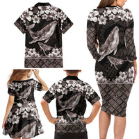 Hawaiian Plumeria and Humpback Whales Family Matching Long Sleeve Bodycon Dress and Hawaiian Shirt Polynerian Art Tattoo-Grayscale Mode LT03 - Polynesian Pride