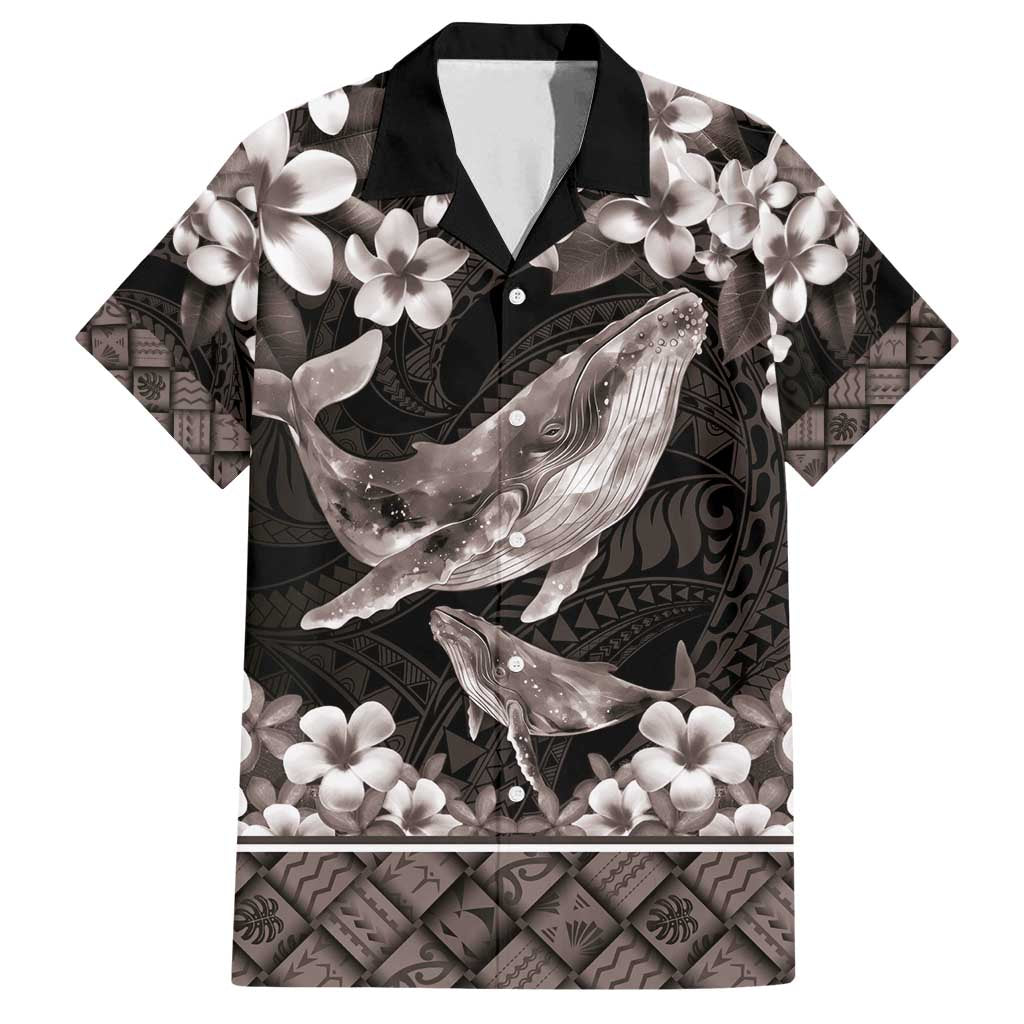 Hawaiian Plumeria and Humpback Whales Family Matching Long Sleeve Bodycon Dress and Hawaiian Shirt Polynerian Art Tattoo-Grayscale Mode LT03 Dad's Shirt - Short Sleeve Black - Polynesian Pride