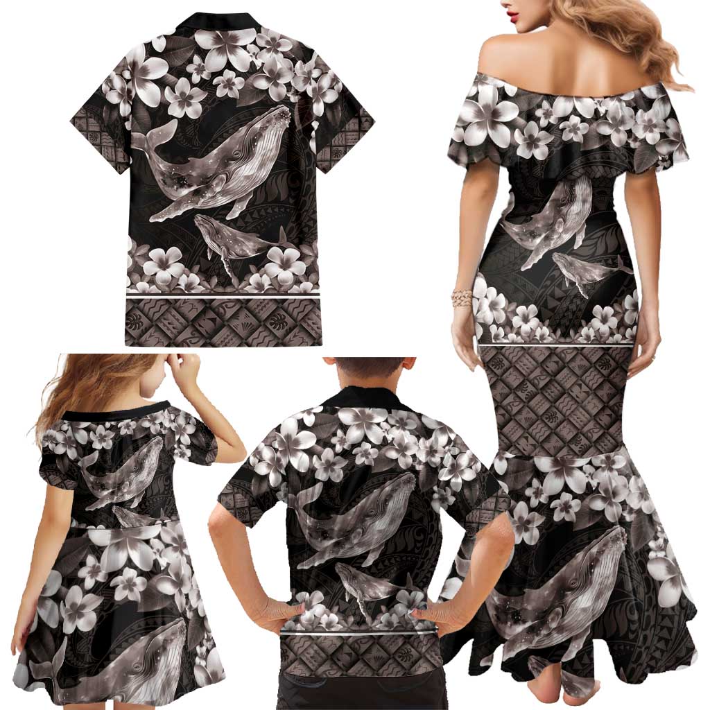 Hawaiian Plumeria and Humpback Whales Family Matching Mermaid Dress and Hawaiian Shirt Polynerian Art Tattoo-Grayscale Mode LT03 - Polynesian Pride