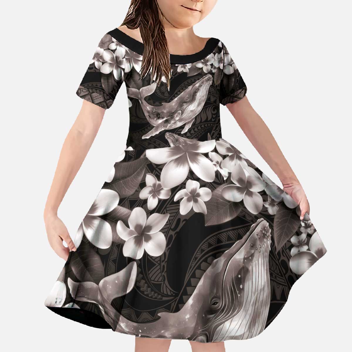 Hawaiian Plumeria and Humpback Whales Family Matching Off The Shoulder Long Sleeve Dress and Hawaiian Shirt Polynerian Art Tattoo-Grayscale Mode LT03 Daughter's Dress Black - Polynesian Pride
