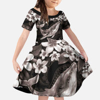 Hawaiian Plumeria and Humpback Whales Family Matching Off The Shoulder Long Sleeve Dress and Hawaiian Shirt Polynerian Art Tattoo-Grayscale Mode LT03 Daughter's Dress Black - Polynesian Pride