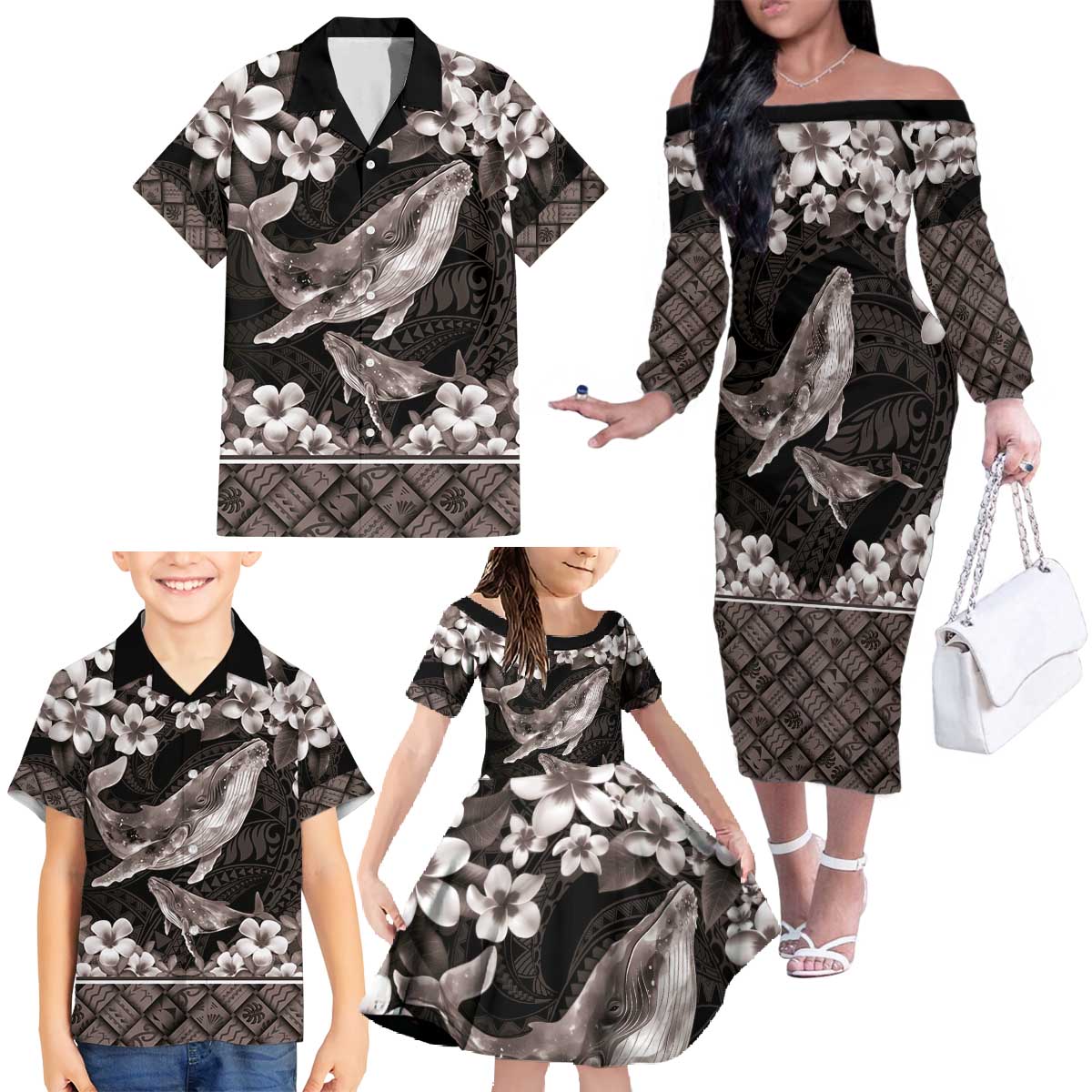 Hawaiian Plumeria and Humpback Whales Family Matching Off The Shoulder Long Sleeve Dress and Hawaiian Shirt Polynerian Art Tattoo-Grayscale Mode LT03 - Polynesian Pride