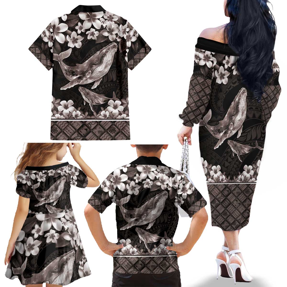 Hawaiian Plumeria and Humpback Whales Family Matching Off The Shoulder Long Sleeve Dress and Hawaiian Shirt Polynerian Art Tattoo-Grayscale Mode LT03 - Polynesian Pride