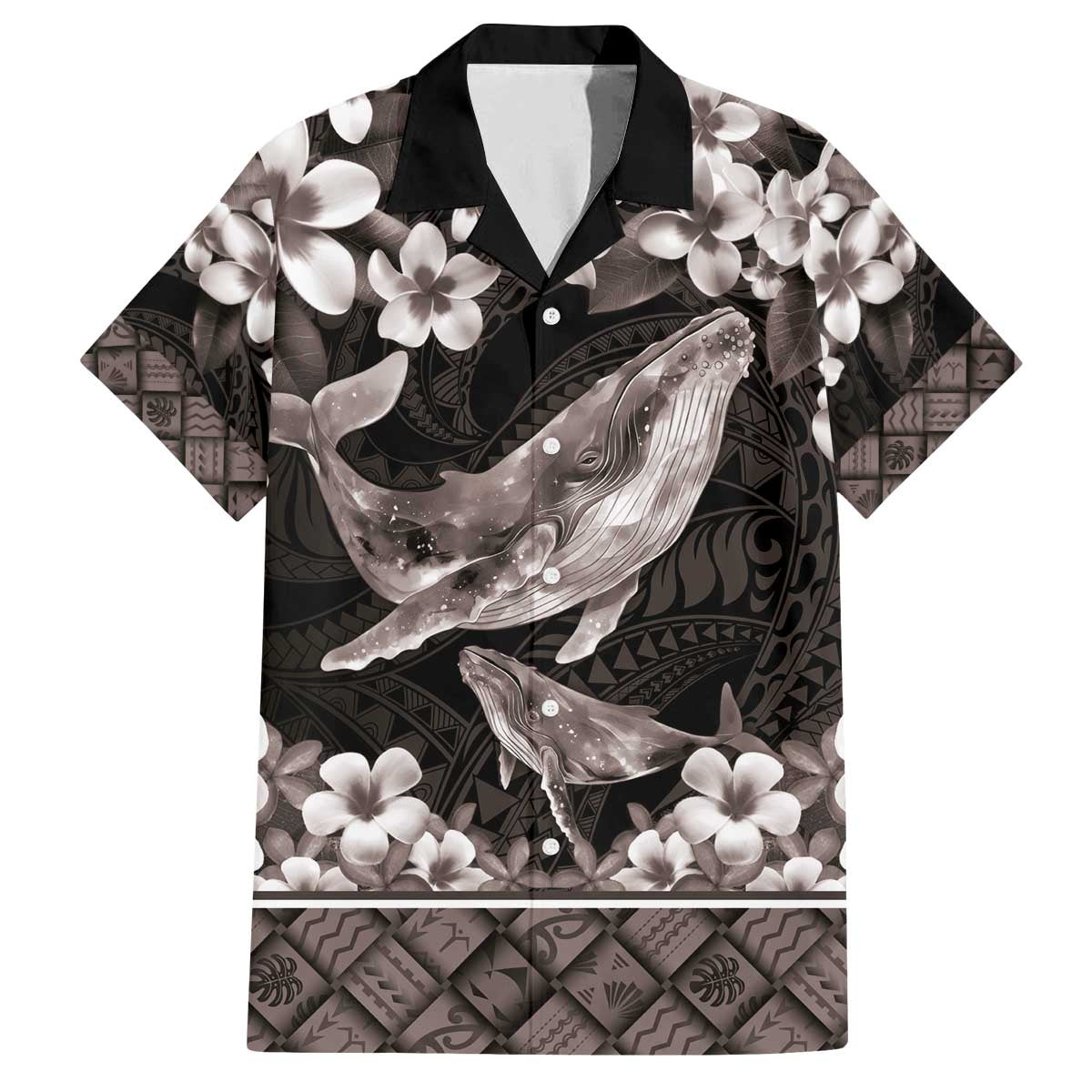 Hawaiian Plumeria and Humpback Whales Family Matching Off The Shoulder Long Sleeve Dress and Hawaiian Shirt Polynerian Art Tattoo-Grayscale Mode LT03 Dad's Shirt - Short Sleeve Black - Polynesian Pride