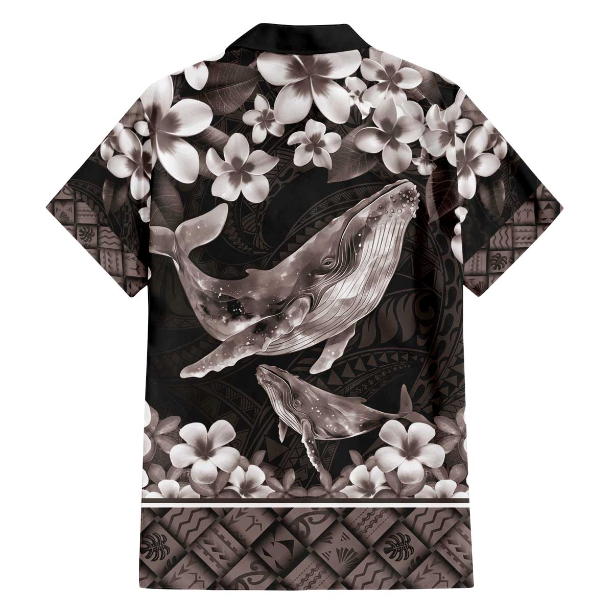 Hawaiian Plumeria and Humpback Whales Family Matching Off The Shoulder Long Sleeve Dress and Hawaiian Shirt Polynerian Art Tattoo-Grayscale Mode LT03 - Polynesian Pride