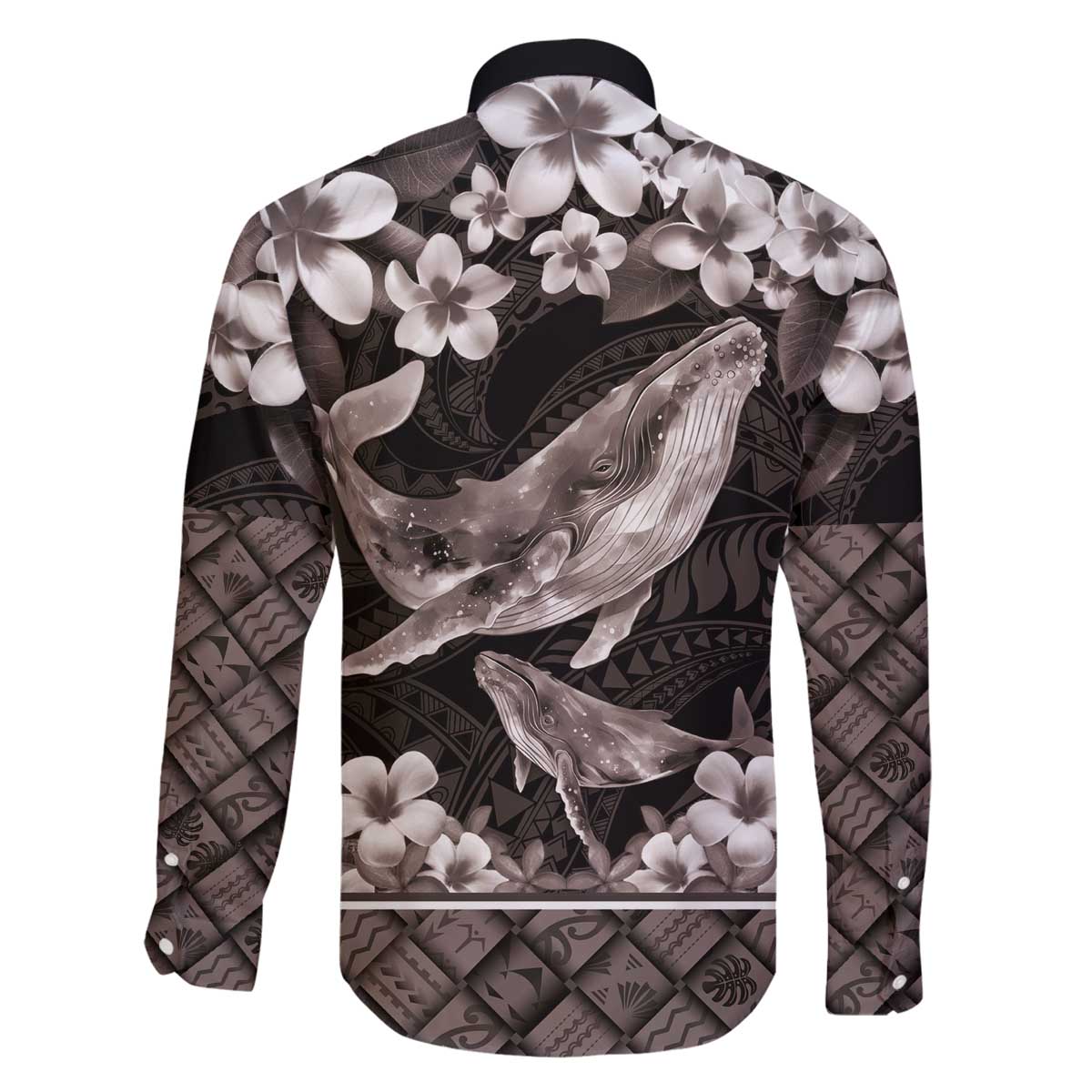 Hawaiian Plumeria and Humpback Whales Family Matching Off The Shoulder Long Sleeve Dress and Hawaiian Shirt Polynerian Art Tattoo-Grayscale Mode LT03 - Polynesian Pride