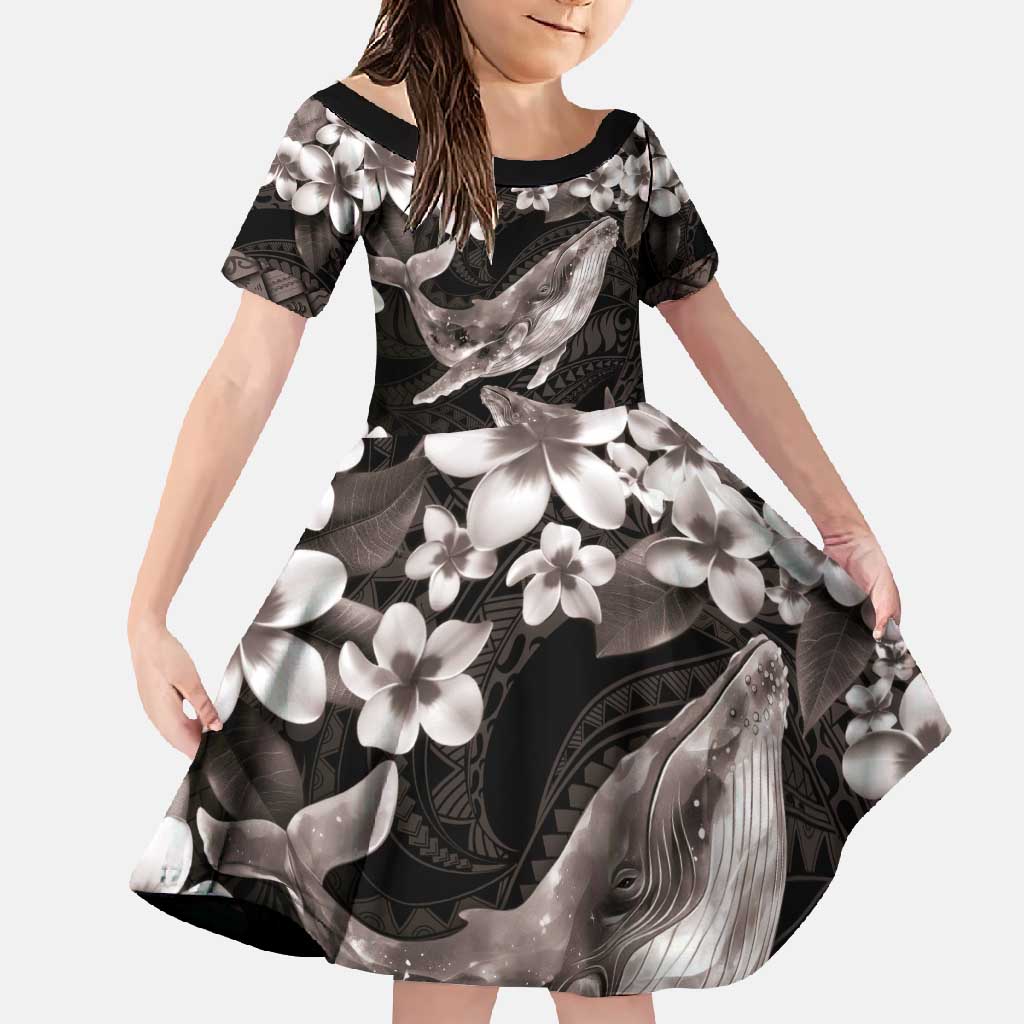 Hawaiian Plumeria and Humpback Whales Family Matching Off Shoulder Maxi Dress and Hawaiian Shirt Polynerian Art Tattoo-Grayscale Mode LT03 Daughter's Dress Black - Polynesian Pride