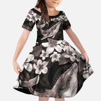 Hawaiian Plumeria and Humpback Whales Family Matching Off Shoulder Maxi Dress and Hawaiian Shirt Polynerian Art Tattoo-Grayscale Mode LT03 Daughter's Dress Black - Polynesian Pride