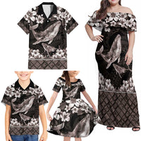 Hawaiian Plumeria and Humpback Whales Family Matching Off Shoulder Maxi Dress and Hawaiian Shirt Polynerian Art Tattoo-Grayscale Mode LT03 - Polynesian Pride
