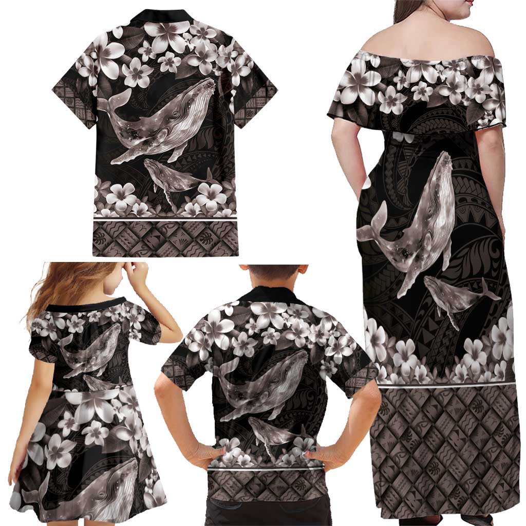 Hawaiian Plumeria and Humpback Whales Family Matching Off Shoulder Maxi Dress and Hawaiian Shirt Polynerian Art Tattoo-Grayscale Mode LT03 - Polynesian Pride