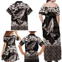 Hawaiian Plumeria and Humpback Whales Family Matching Off Shoulder Maxi Dress and Hawaiian Shirt Polynerian Art Tattoo-Grayscale Mode LT03 - Polynesian Pride