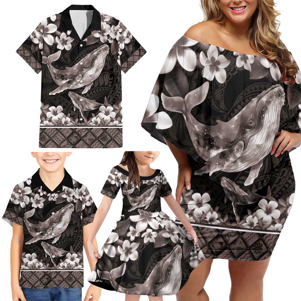 Hawaiian Plumeria and Humpback Whales Family Matching Off Shoulder Short Dress and Hawaiian Shirt Polynerian Art Tattoo-Grayscale Mode LT03 - Polynesian Pride
