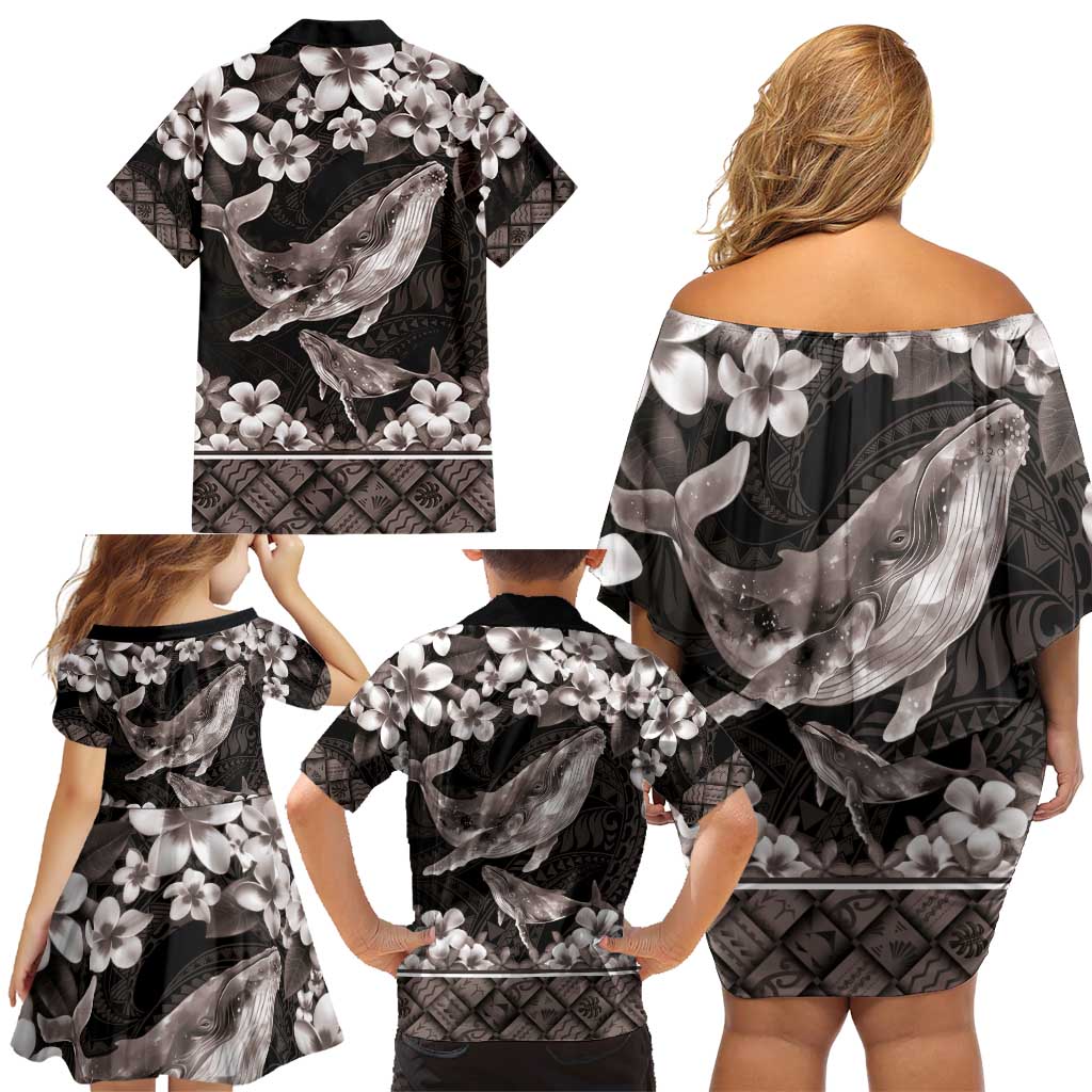 Hawaiian Plumeria and Humpback Whales Family Matching Off Shoulder Short Dress and Hawaiian Shirt Polynerian Art Tattoo-Grayscale Mode LT03 - Polynesian Pride